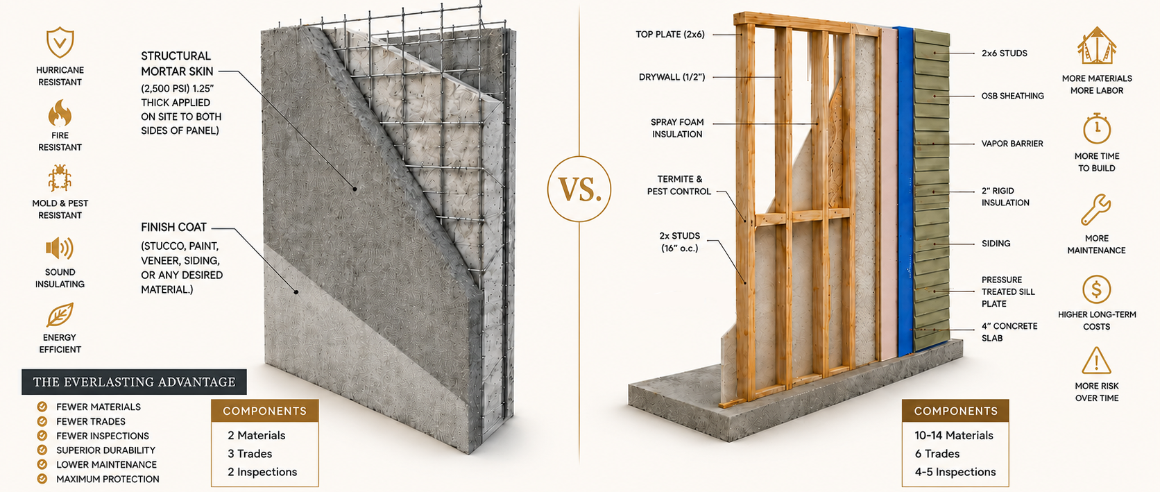 Side-by-side comparison of a SCIP panel wall and a conventional wood-framed wall